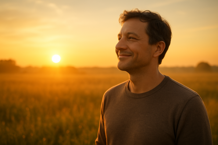 Pessoa sorrindo enquanto observa o nascer do sol em um campo aberto, simbolizando propósito, presença e alegria de viver.