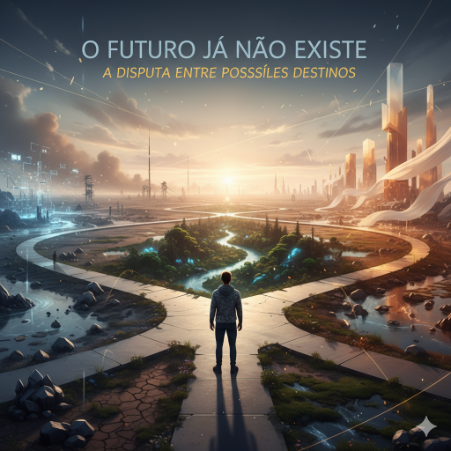 Ilustração representando múltiplos caminhos e escolhas possíveis, simbolizando o futuro como território em disputa.