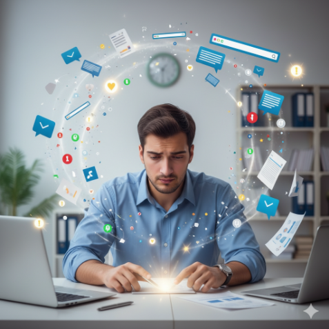 Profissional cercado por notificações e distrações visuais enquanto o tempo escorre ao fundo, representando o impacto das interrupções no foco e na produtividade.